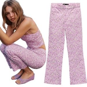 New Zara Floral Print Mini Flare Pants High Rise Trousers Light Purple Medium
